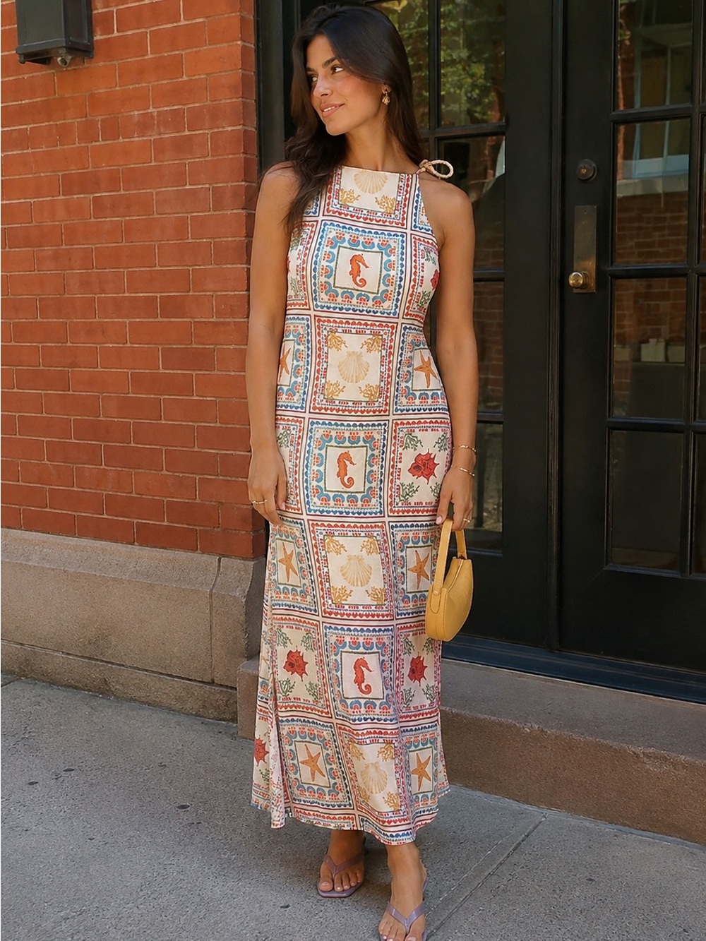 Anthropologie Halter Maxi Dress in Cream, Blue and Orange Print